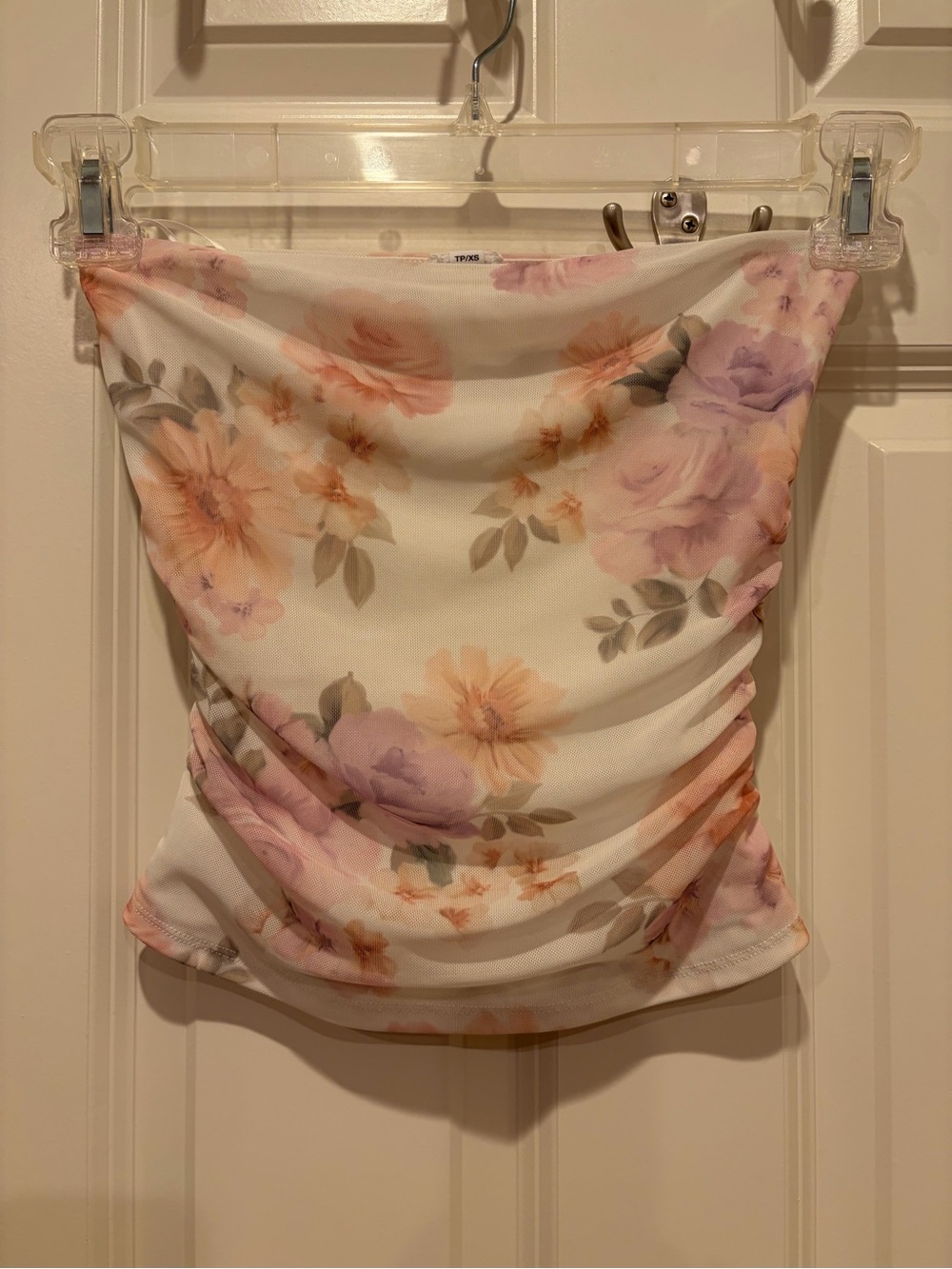 Garage Floral Strapless Tube Top - Cream with Peach & Lavender Flowers, size XS